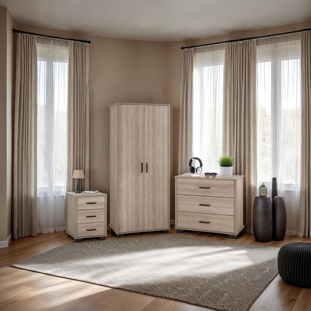 Oliver 3-piece bedroom set in light oak finish featuring a wardrobe, chest of drawers and bedside table, styled in a modern neutral-toned room with natural light