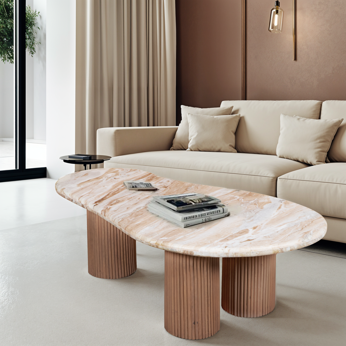 Ashford Natural Marble Top Pedestal Coffee Table – Taupe Mango Wood Base