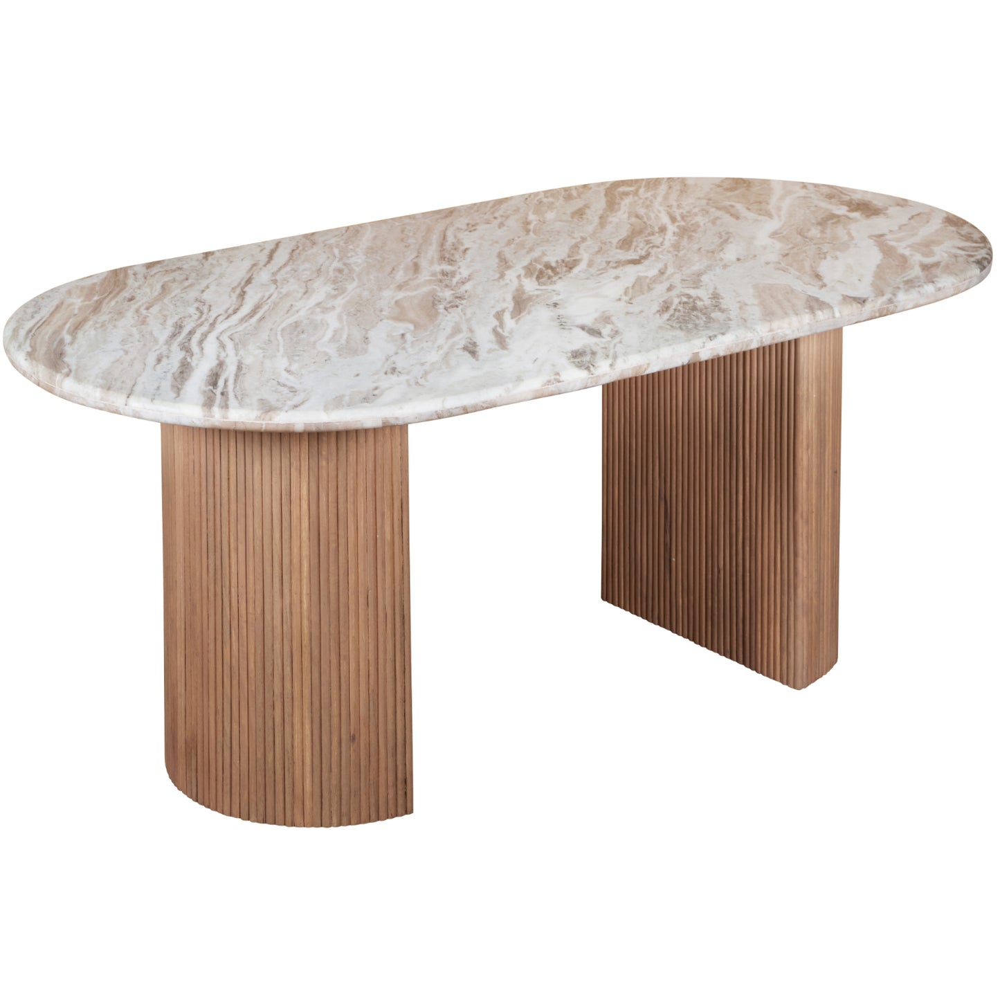 Ashford 6–8 seater dining table with natural marble top and fluted taupe mango wood pedestal base, ideal for modern or classic dining rooms.
