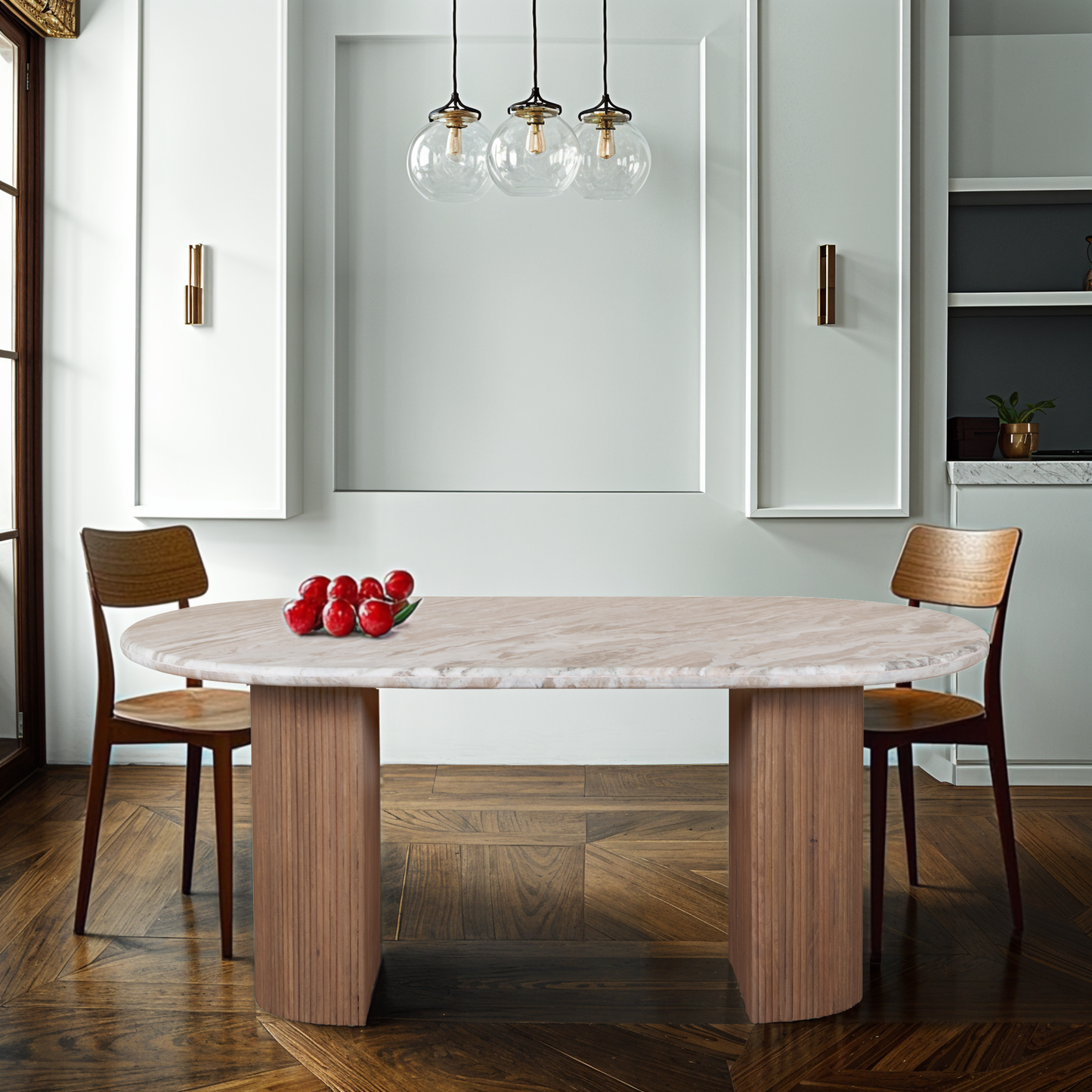 Ashford Marble & Wood Pedestal Dining Table – 6 to 8 Seater in Taupe Finish