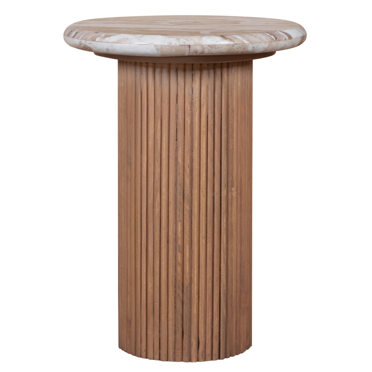 Ashford pedestal side table with round natural marble top and ribbed mango wood base, shown with dimension labels for height and diameter.