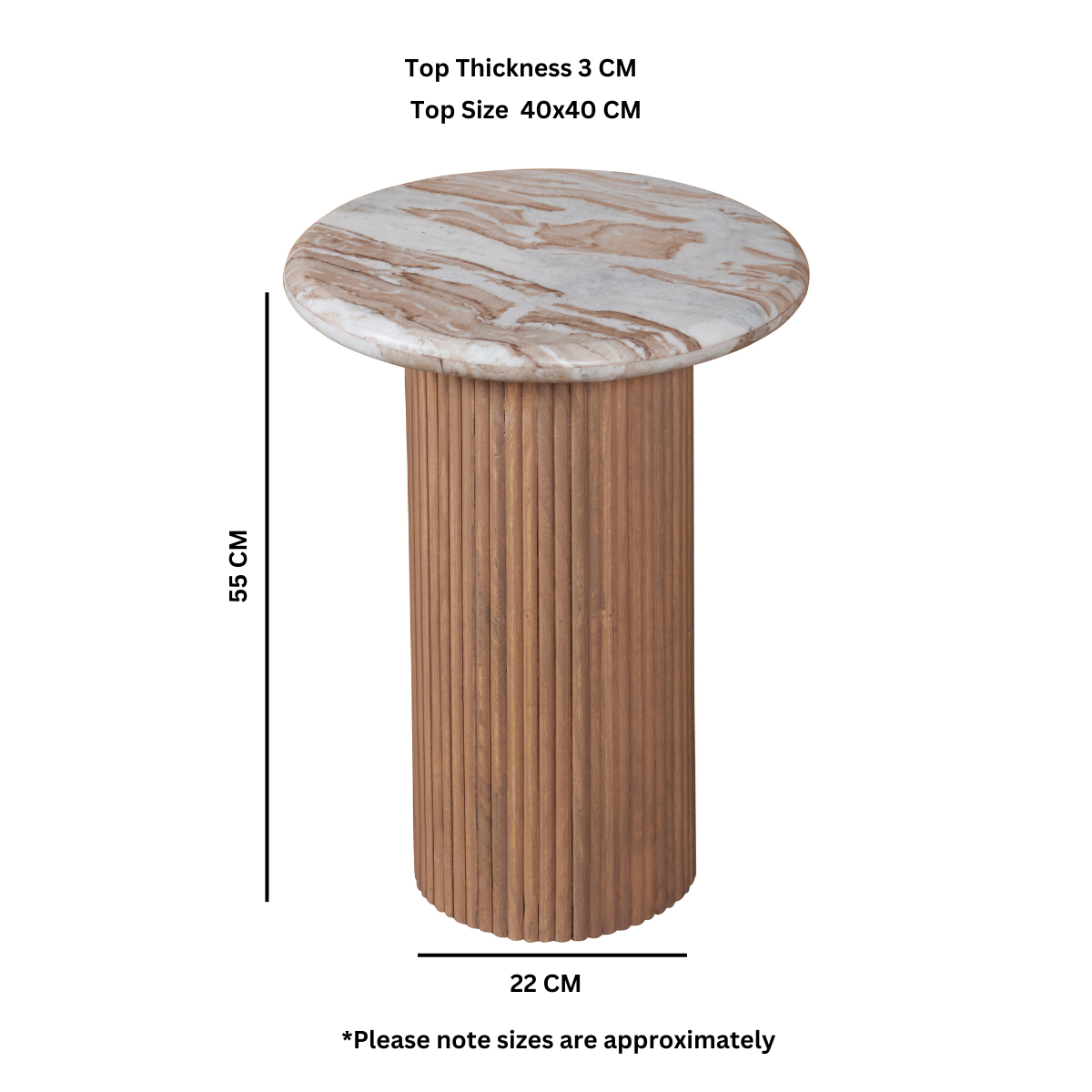 Ashford pedestal side table with round natural marble top and ribbed mango wood base, shown with dimension labels for height and diameter.