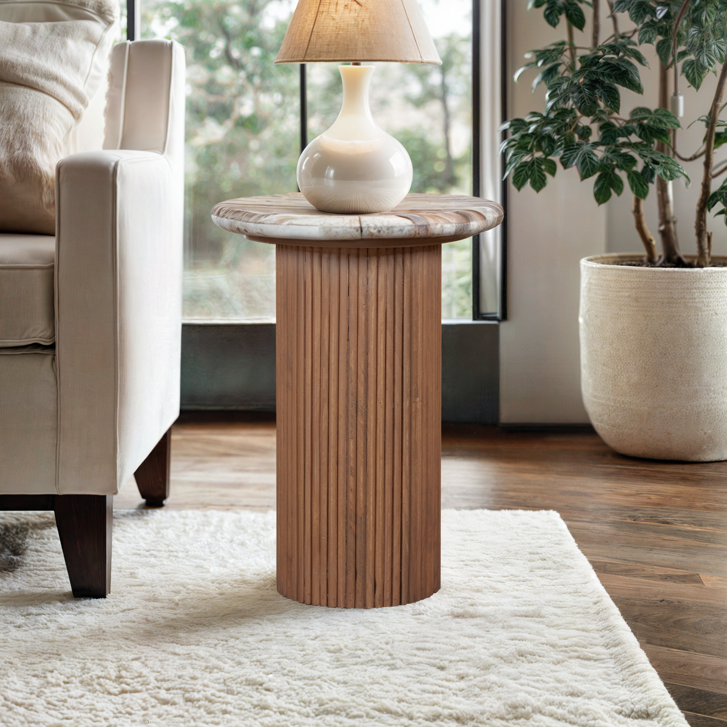 Ashford Marble & Wood Pedestal Side Table