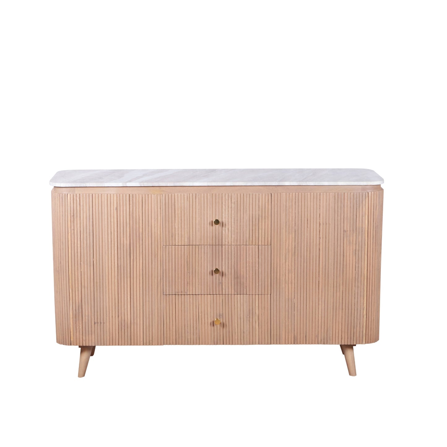 Luxury marble top sideboard in pale taupe mango wood with ribbed detailing and gold knobs, styled in a modern interior with neutral wall panelling and minimalist decor.