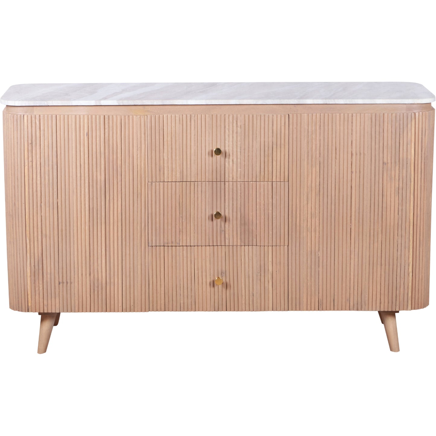 Luxury marble top sideboard in pale taupe mango wood with ribbed detailing and gold knobs, styled in a modern interior with neutral wall panelling and minimalist decor.