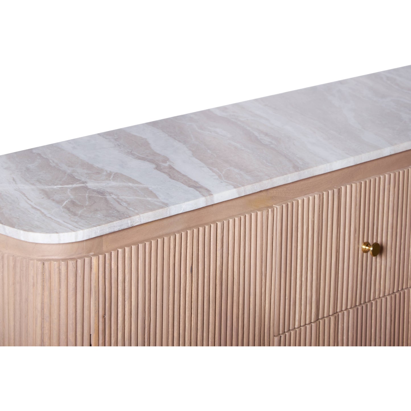 Luxury marble top sideboard in pale taupe mango wood with ribbed detailing and gold knobs, styled in a modern interior with neutral wall panelling and minimalist decor.