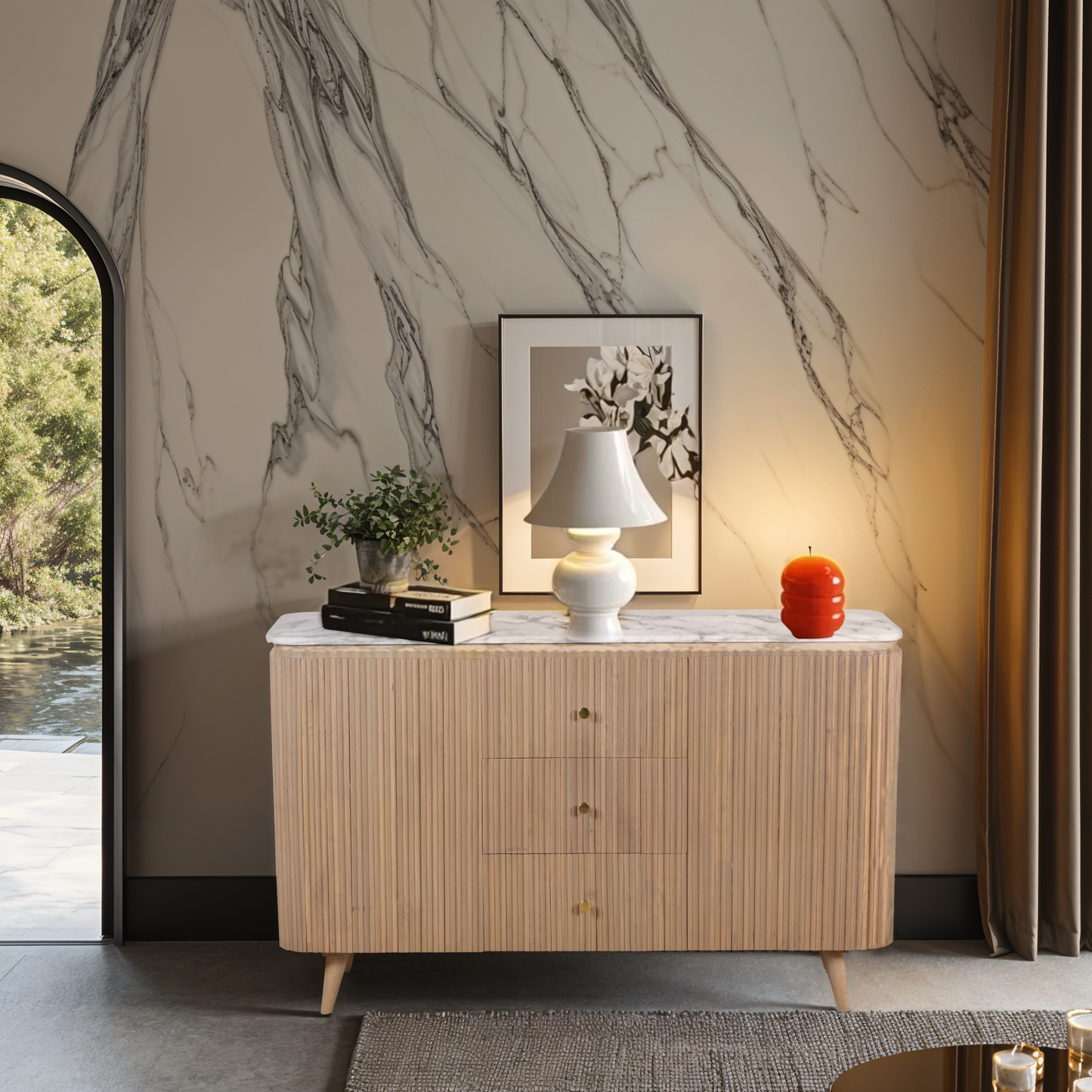 Luxury Marble Top Sideboard in Mango Wood – Pale Taupe Modern Storage Unit