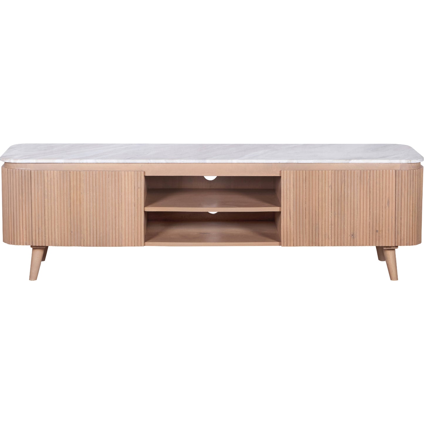Ashford large TV cabinet with natural marble top and ribbed pale taupe mango wood body, featuring gold accents and modern storage layout in a minimalist living room.