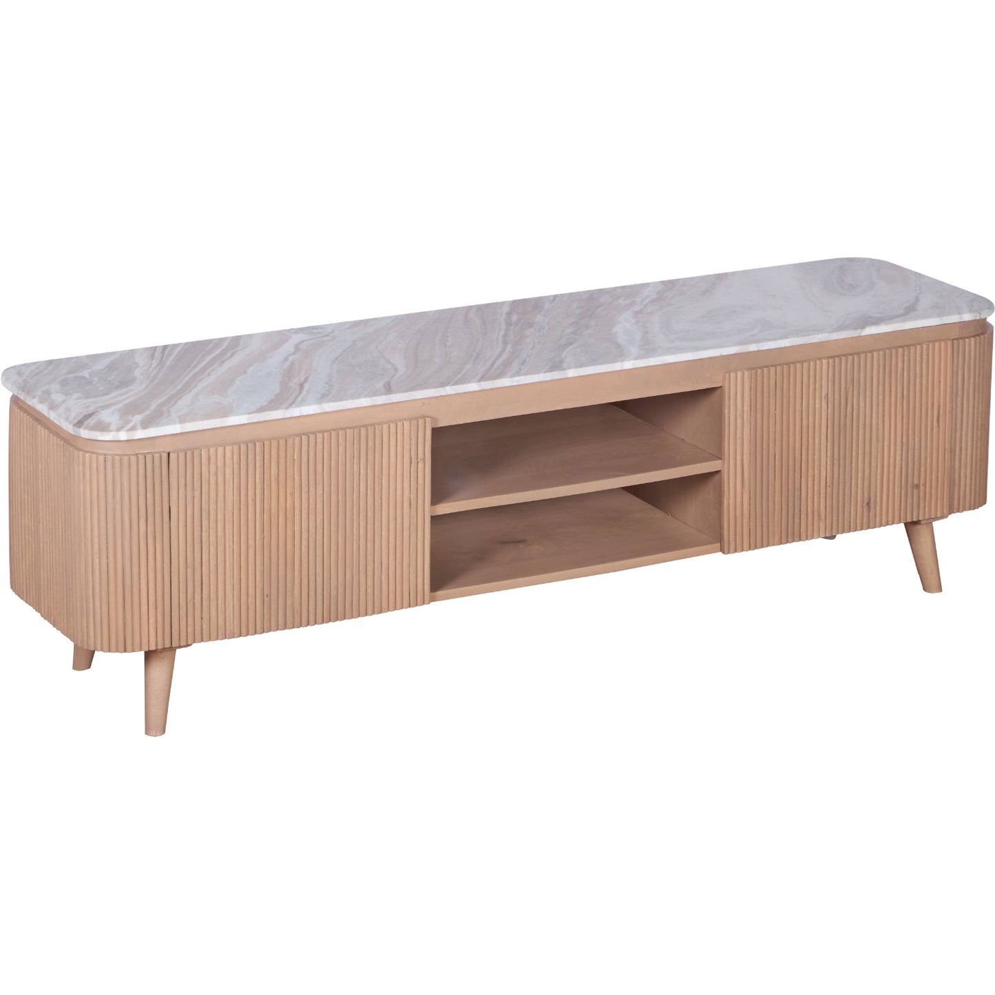 Ashford large TV cabinet with natural marble top and ribbed pale taupe mango wood body, featuring gold accents and modern storage layout in a minimalist living room.