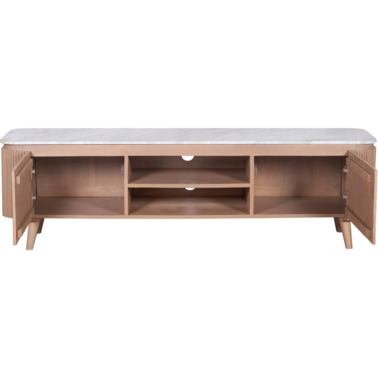 Ashford large TV cabinet with natural marble top and ribbed pale taupe mango wood body, featuring gold accents and modern storage layout in a minimalist living room.