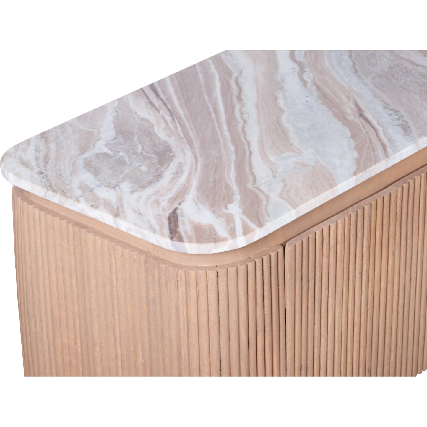 Ashford large TV cabinet with natural marble top and ribbed pale taupe mango wood body, featuring gold accents and modern storage layout in a minimalist living room.