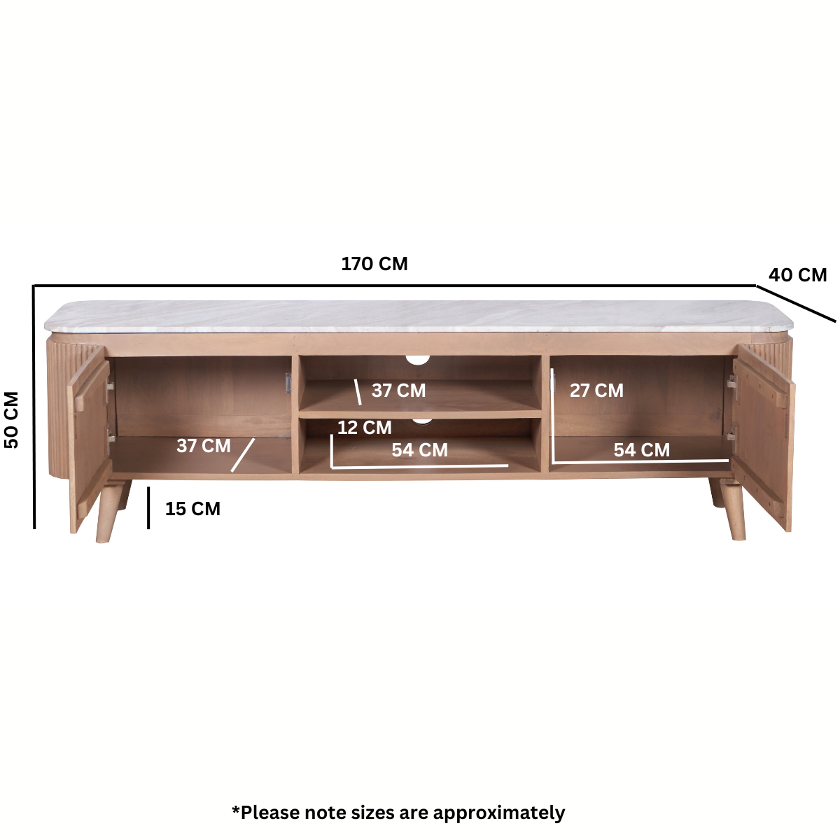 Ashford Large Marble & Wood TV Cabinet – Pale Taupe Mango Wood Media Unit