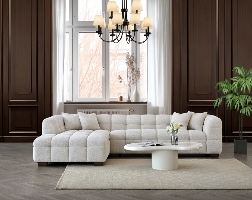Aluxo Tribeca Left Hand Corner Sofa – Oatmeal Bouclé Fabric | Modern Chesterfield Style