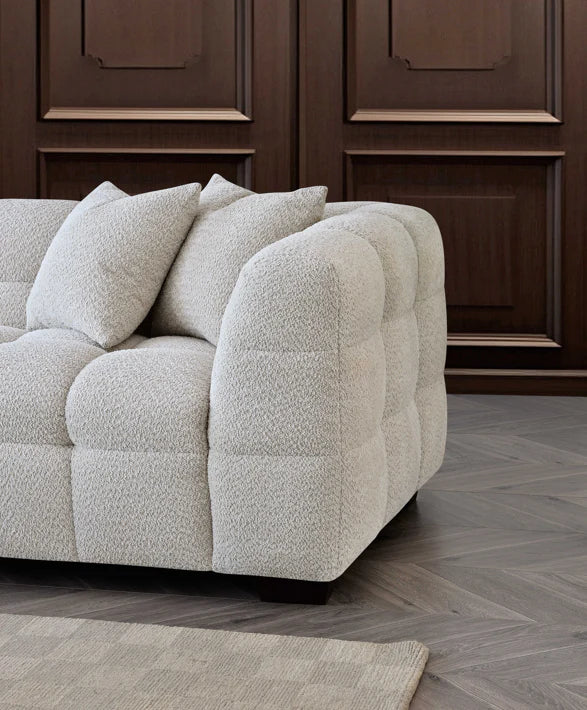 Aluxo Tribeca Left Hand Corner Sofa – Oatmeal Bouclé Fabric | Modern Chesterfield Style