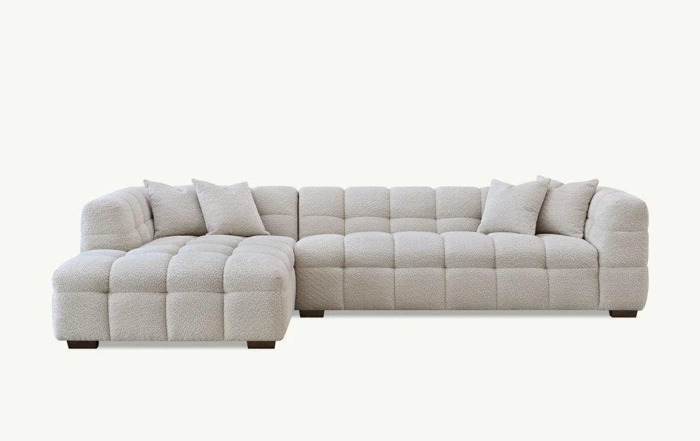 Aluxo Tribeca Left Hand Corner Sofa – Oatmeal Bouclé Fabric | Modern Chesterfield Style