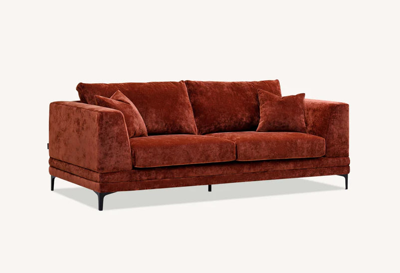 Lenox Sofa in Rust Velvet – Mid-Century Modern Sofa by Aluxo with Plush Cushions and Wooden Plinth Base