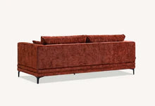 Lenox Sofa in Rust Velvet – Mid-Century Modern Sofa by Aluxo with Plush Cushions and Wooden Plinth Base