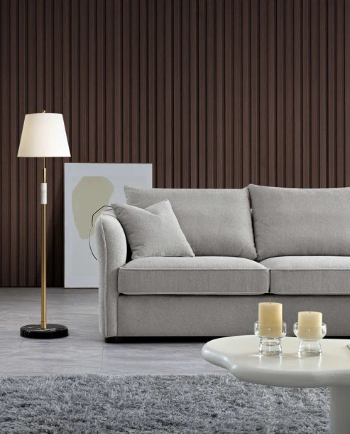 Aluxo Rubin Corner Chaise Sofa in Pebble Bouclé with sculptural curved shape, soft textured fabric, and modern design for luxury living rooms
