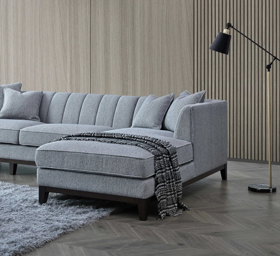 Aluxo Cooper Right Hand Corner Sofa in Dolphin Bouclé with wooden plinth base, mid-century modern design, and deep cushions for stylish living room comfort