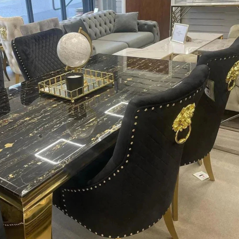 Bentley Lion Knocker Dining Chair – Black Velvet with Gold Ring & Stud Detailing
