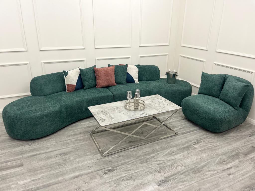 Miami Curved Cinema Sofa in Bouclé with sculptural curved design, soft fabric upholstery, deep seats and modern silhouette, available in 6 stylish colours