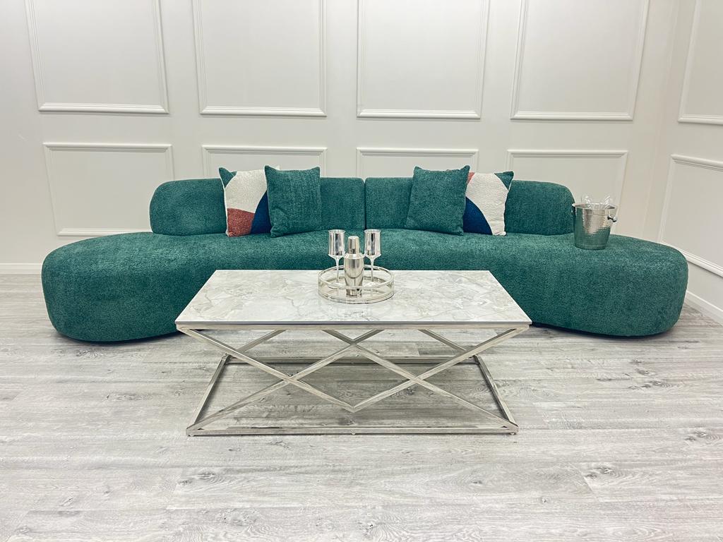 Miami Curved Cinema Sofa in Bouclé with sculptural curved design, soft fabric upholstery, deep seats and modern silhouette, available in 6 stylish colours
