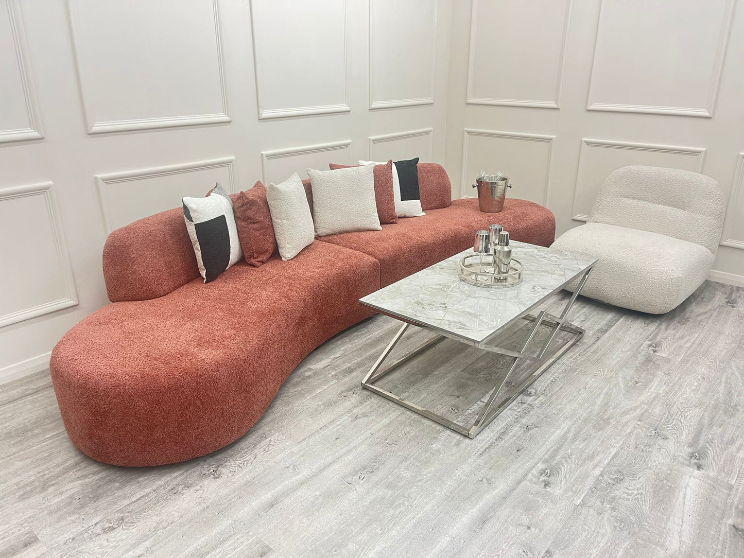 Miami Curved Cinema Sofa in Bouclé with sculptural curved design, soft fabric upholstery, deep seats and modern silhouette, available in 6 stylish colours
