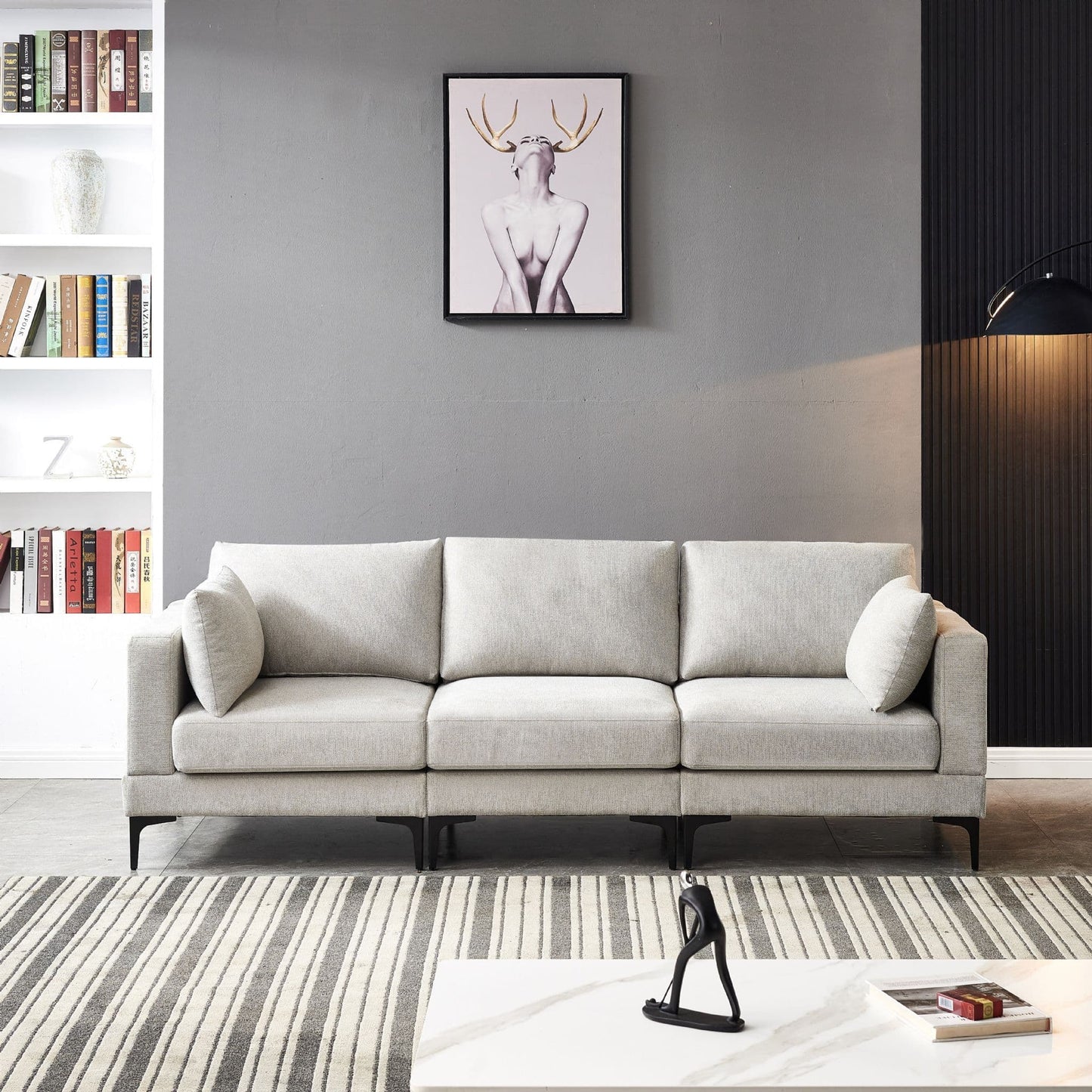 ANEK 3 Seater Sofa – Grey Fabric & Black Metal Legs