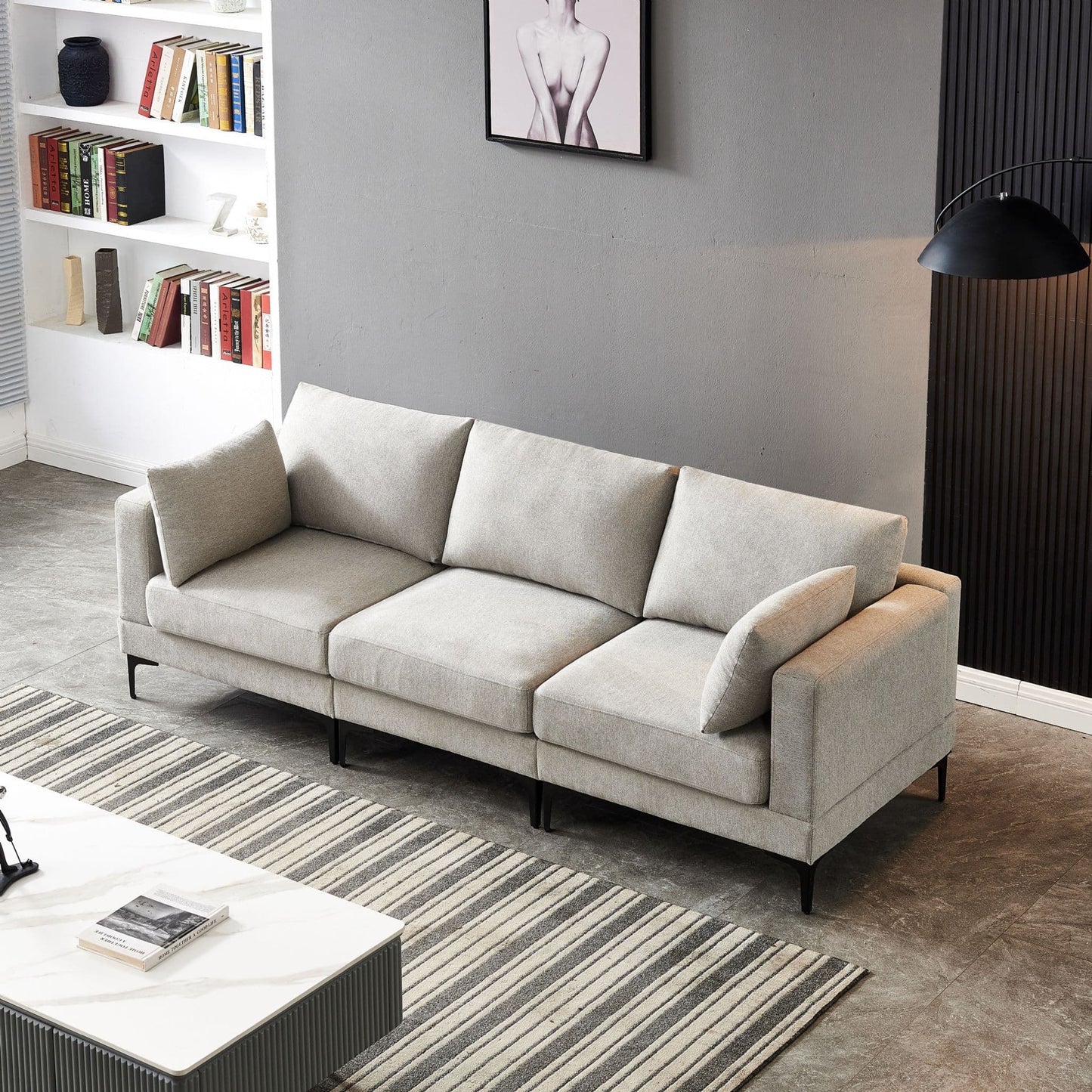 ANEK 3 Seater Sofa – Grey Fabric & Black Metal Legs