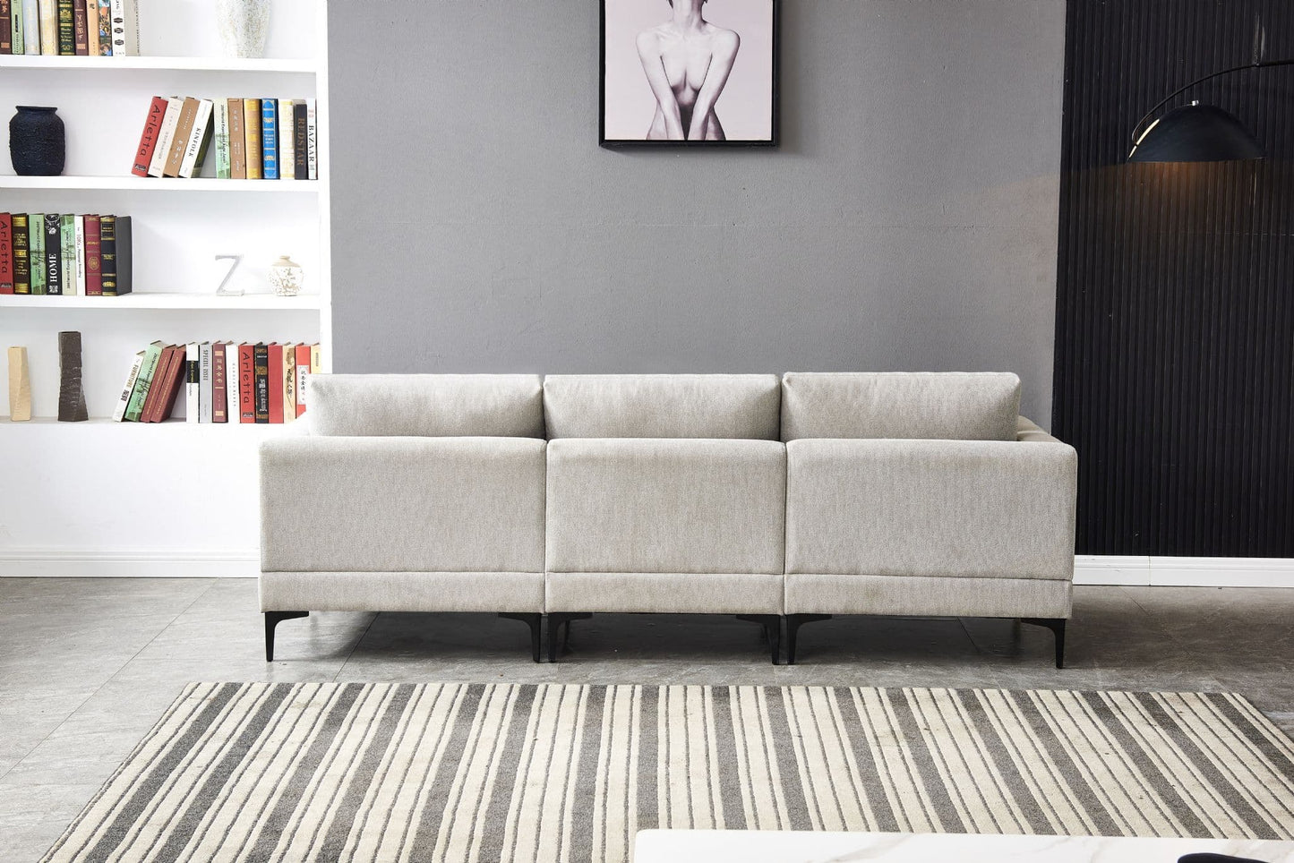 ANEK 3 Seater Sofa – Grey Fabric & Black Metal Legs