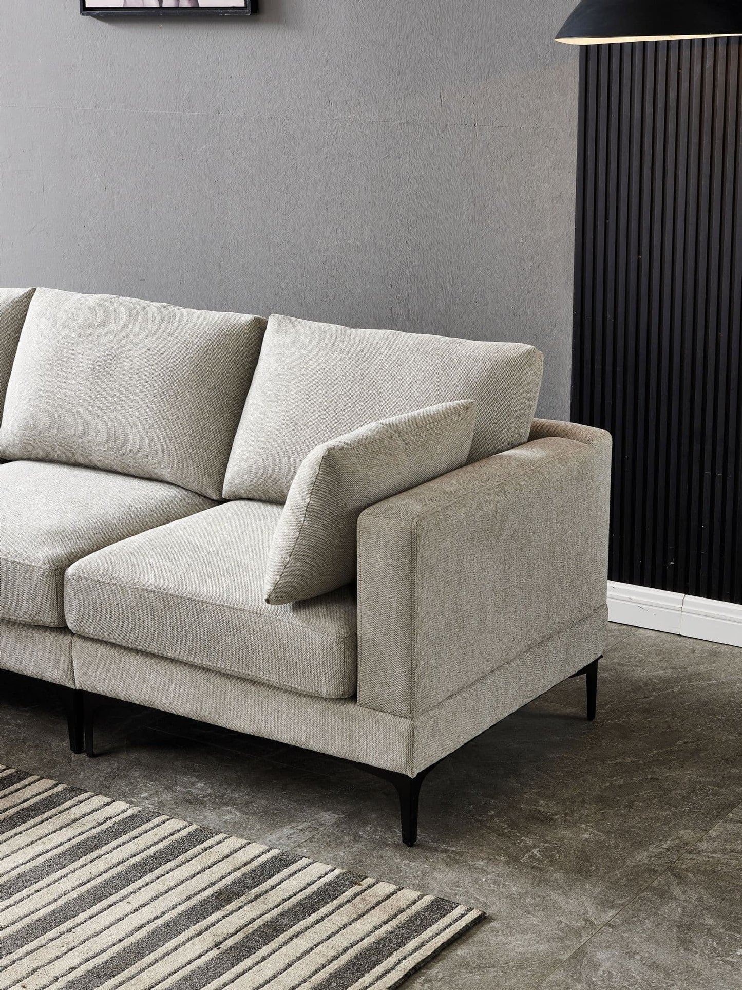 ANEK 3 Seater Sofa – Grey Fabric & Black Metal Legs