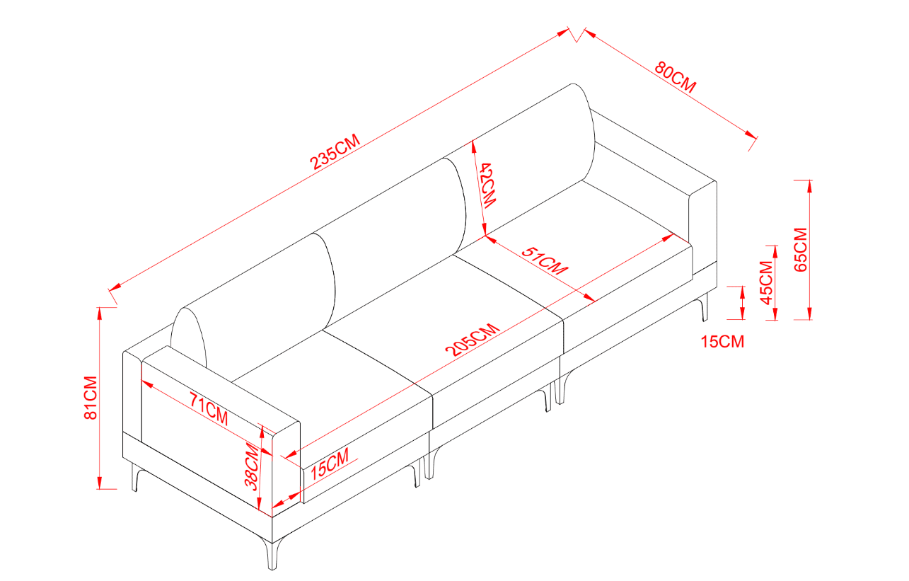 ANEK 3 Seater Sofa – Grey Fabric & Black Metal Legs