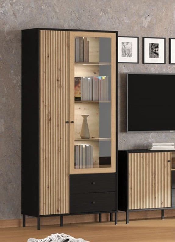 Clifton slatted display cabinet in black and artisan oak effect