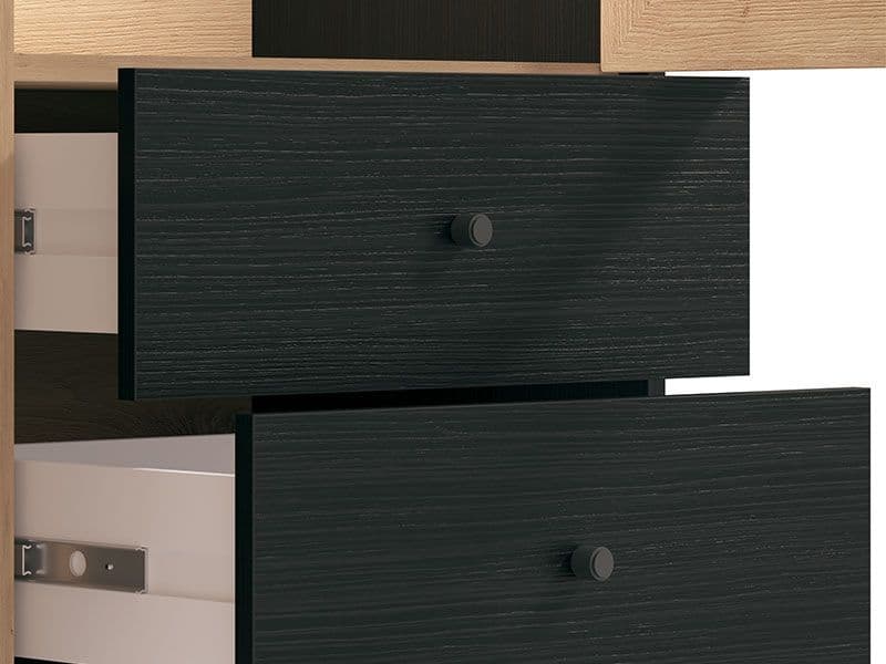 Modern black and oak-effect storage unit with slatted detailing