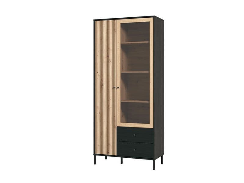 Modern black and oak-effect storage unit with slatted detailing