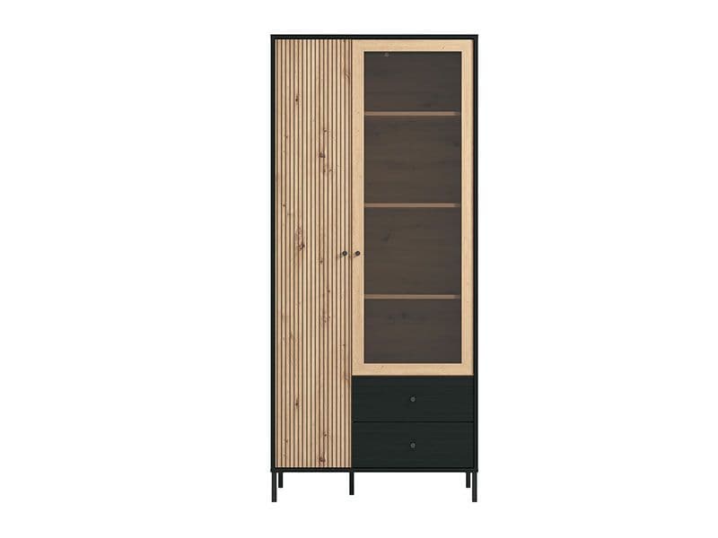 Modern black and oak-effect storage unit with slatted detailing