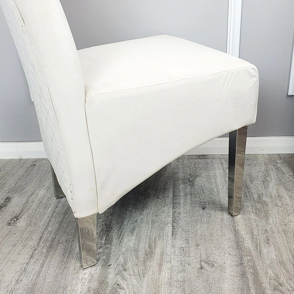 Emma Dining Chair in Cream Velvet – Chrome Lion Knocker, Quilted Back & Scroll Top