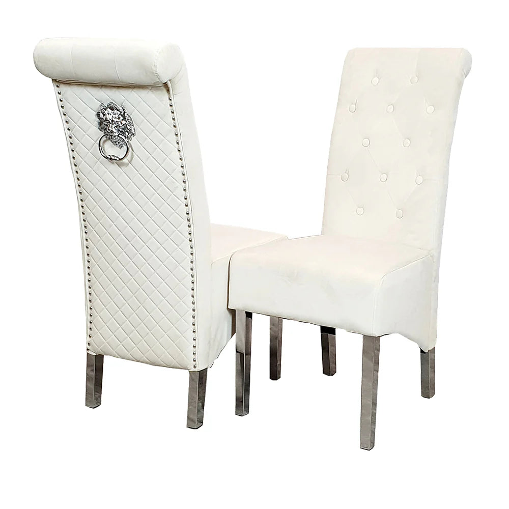 Emma Dining Chair in Cream Velvet – Chrome Lion Knocker, Quilted Back & Scroll Top