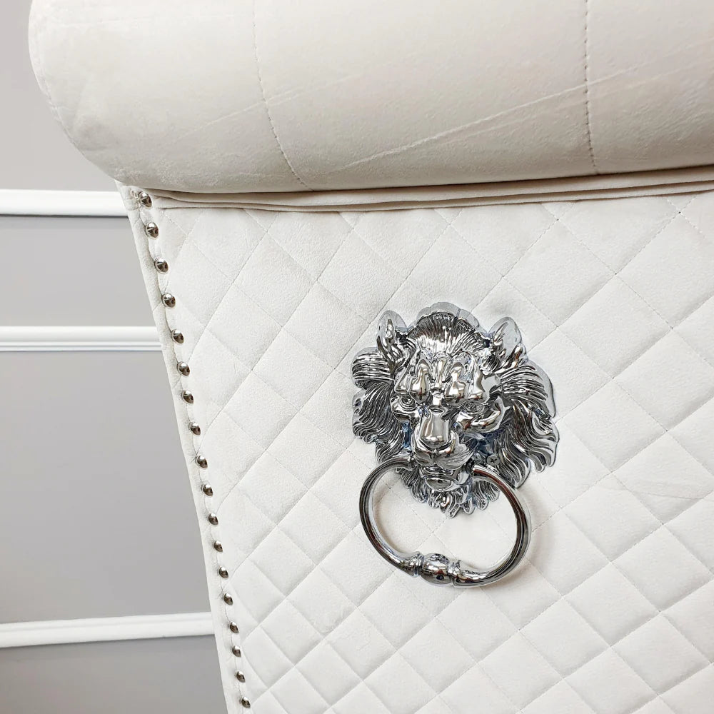Emma Dining Chair in Cream Velvet – Chrome Lion Knocker, Quilted Back & Scroll Top