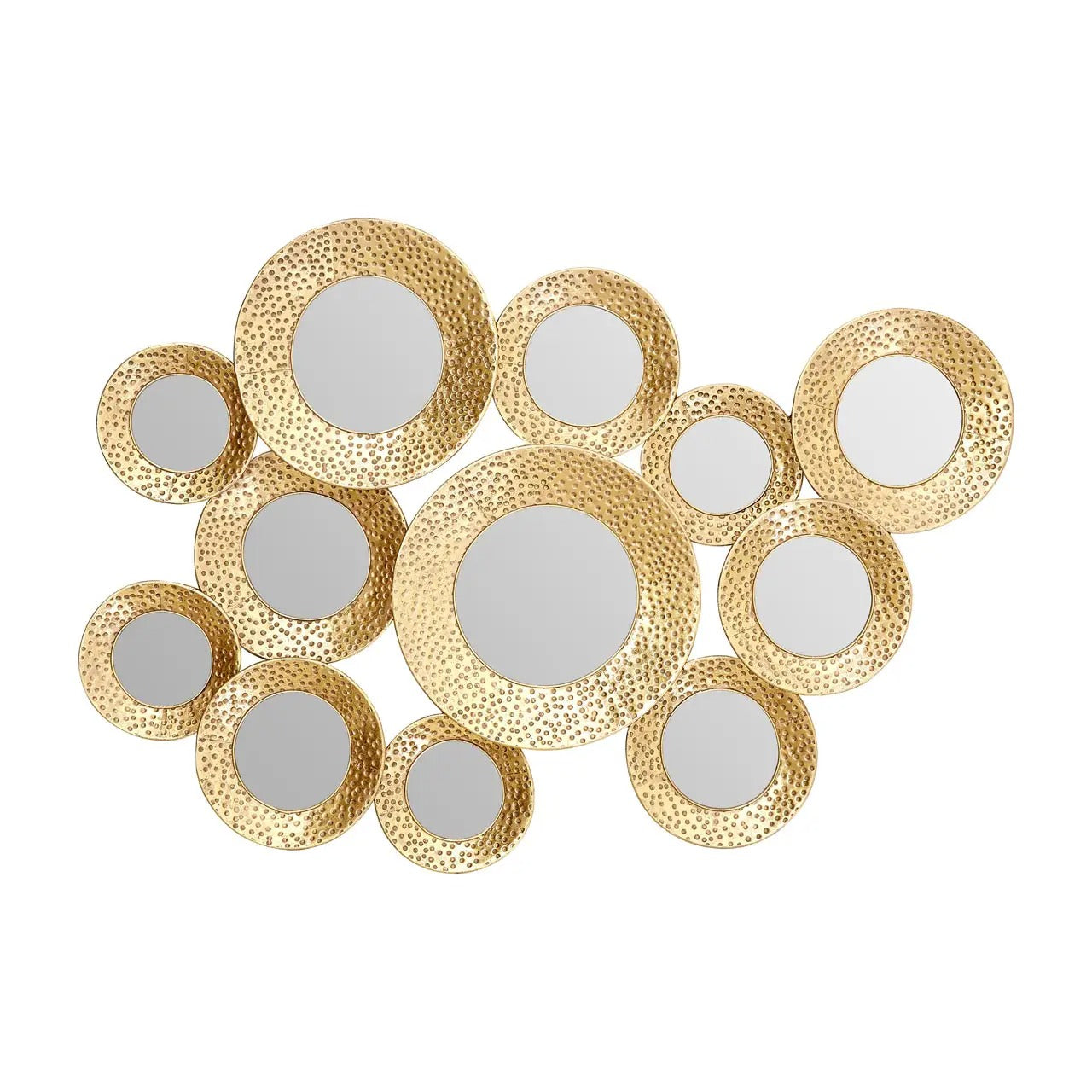 Round hammered gold wall mirror with metallic textured frame, ideal for modern luxe and elegant home interiors