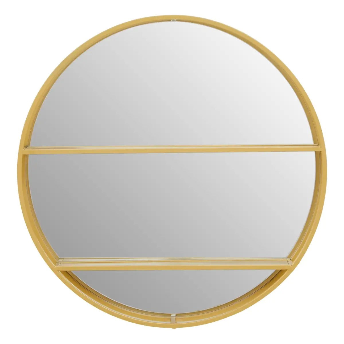 Round mirror with a gold frame on a white background