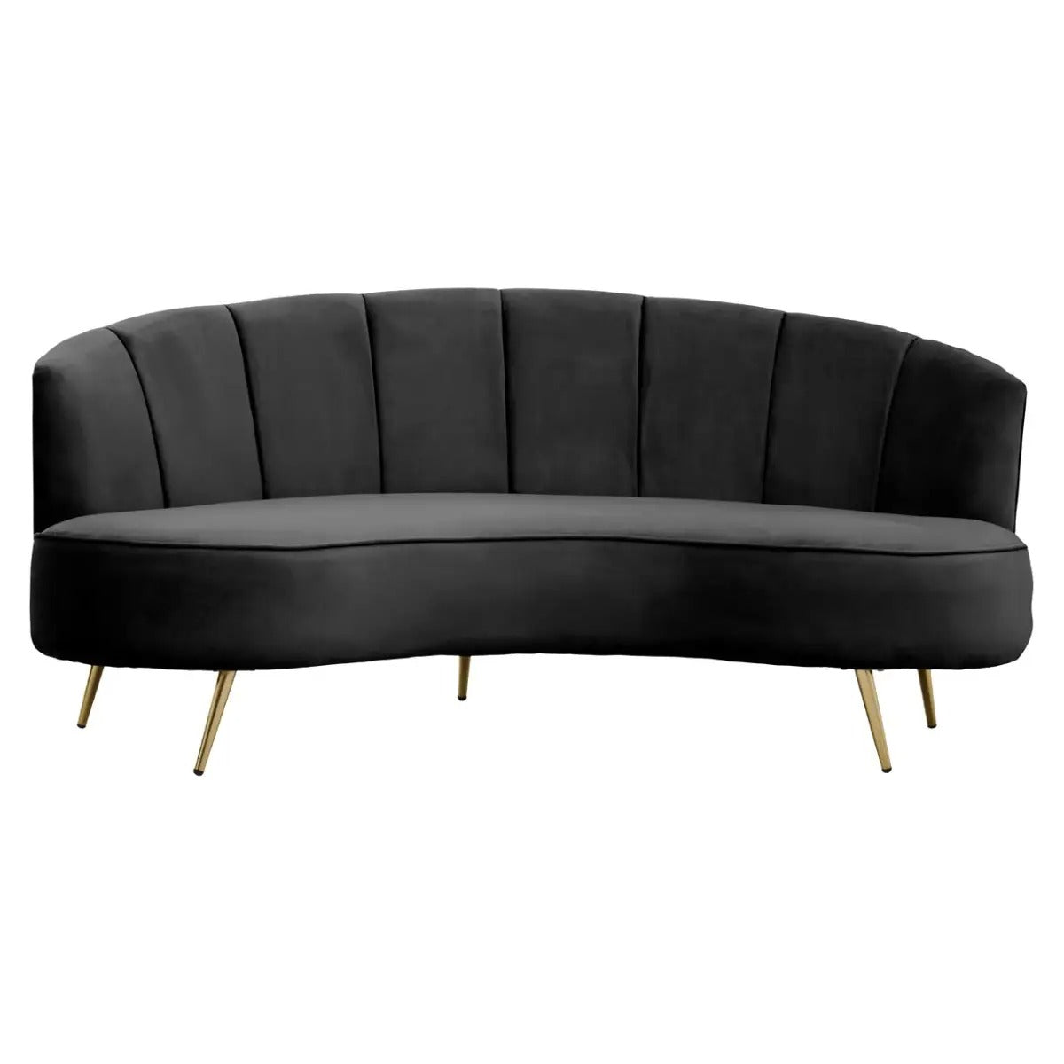 Black velvet curved sofa with pleated back and gold legs, 3 seater mid-century style