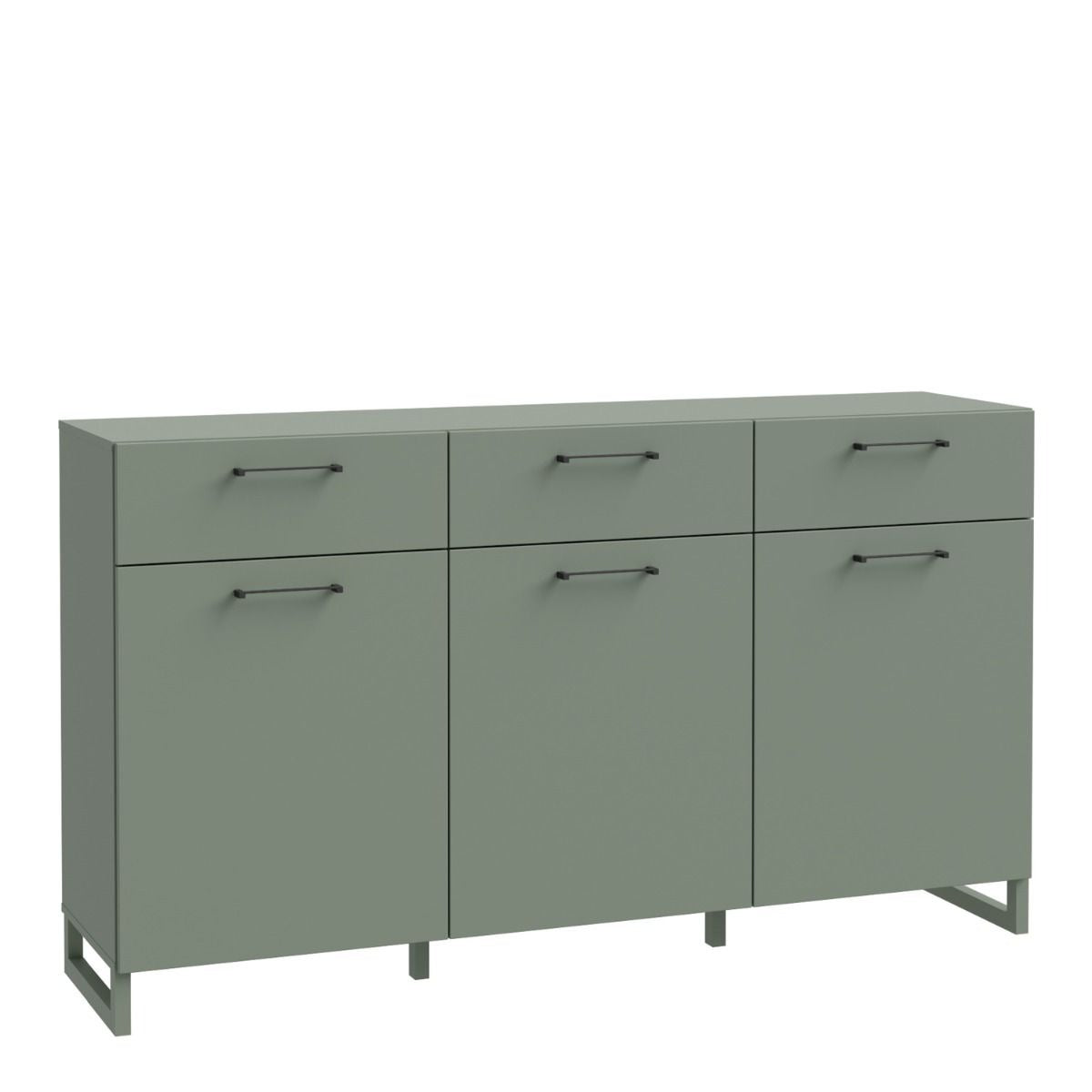 Sali sage green 3 door 3 drawer sideboard with black handles, modern soft-close storage unit for bedrooms or living rooms