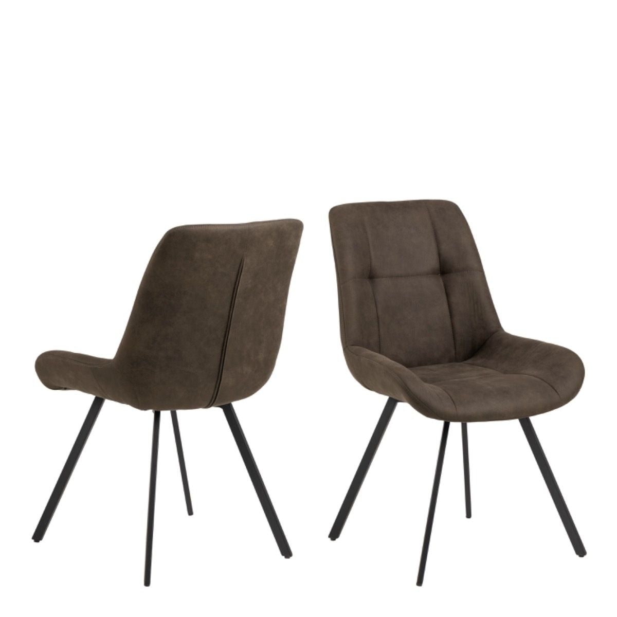 Two brown upholstered chairs with black legs on a white background