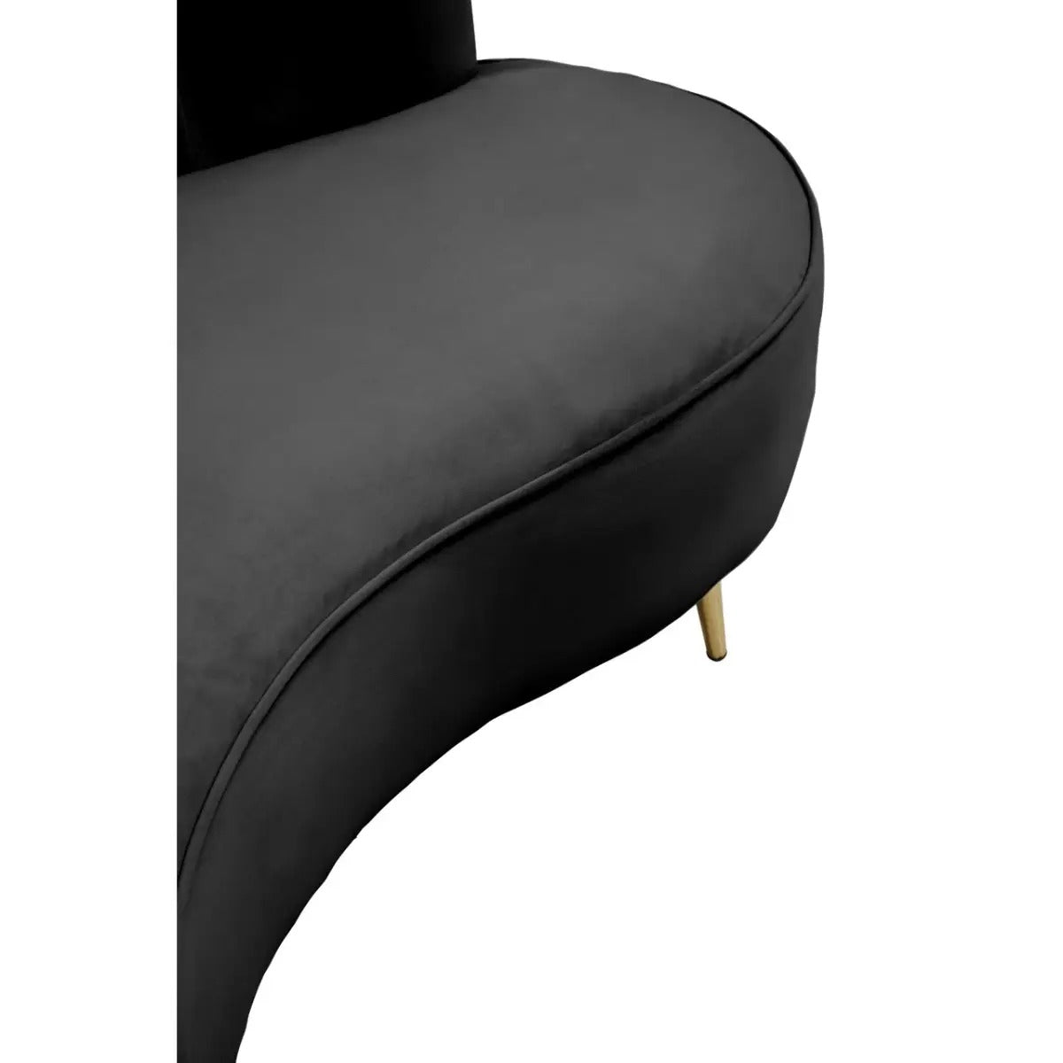 Black velvet curved sofa with pleated back and gold legs, 3 seater mid-century style
