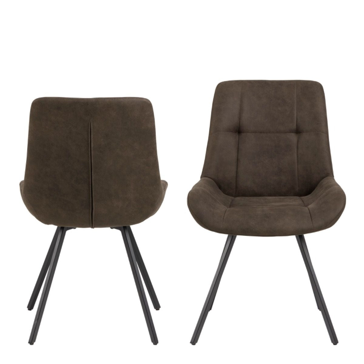 Two brown upholstered chairs with black metal legs on a white background