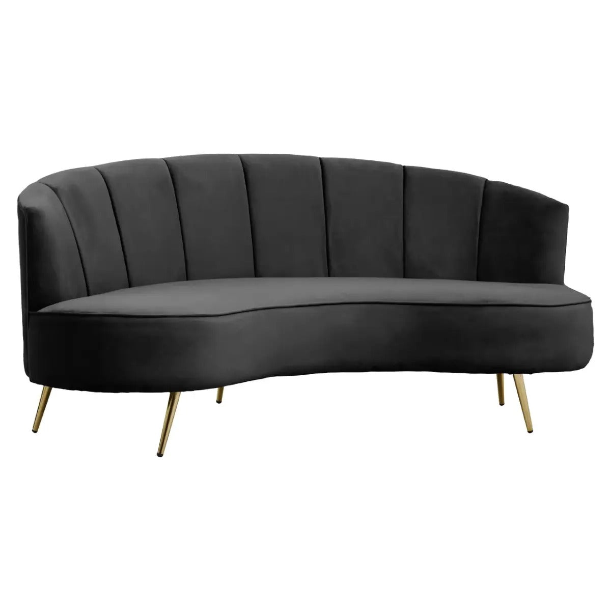 Black velvet curved sofa with pleated back and gold legs, 3 seater mid-century style