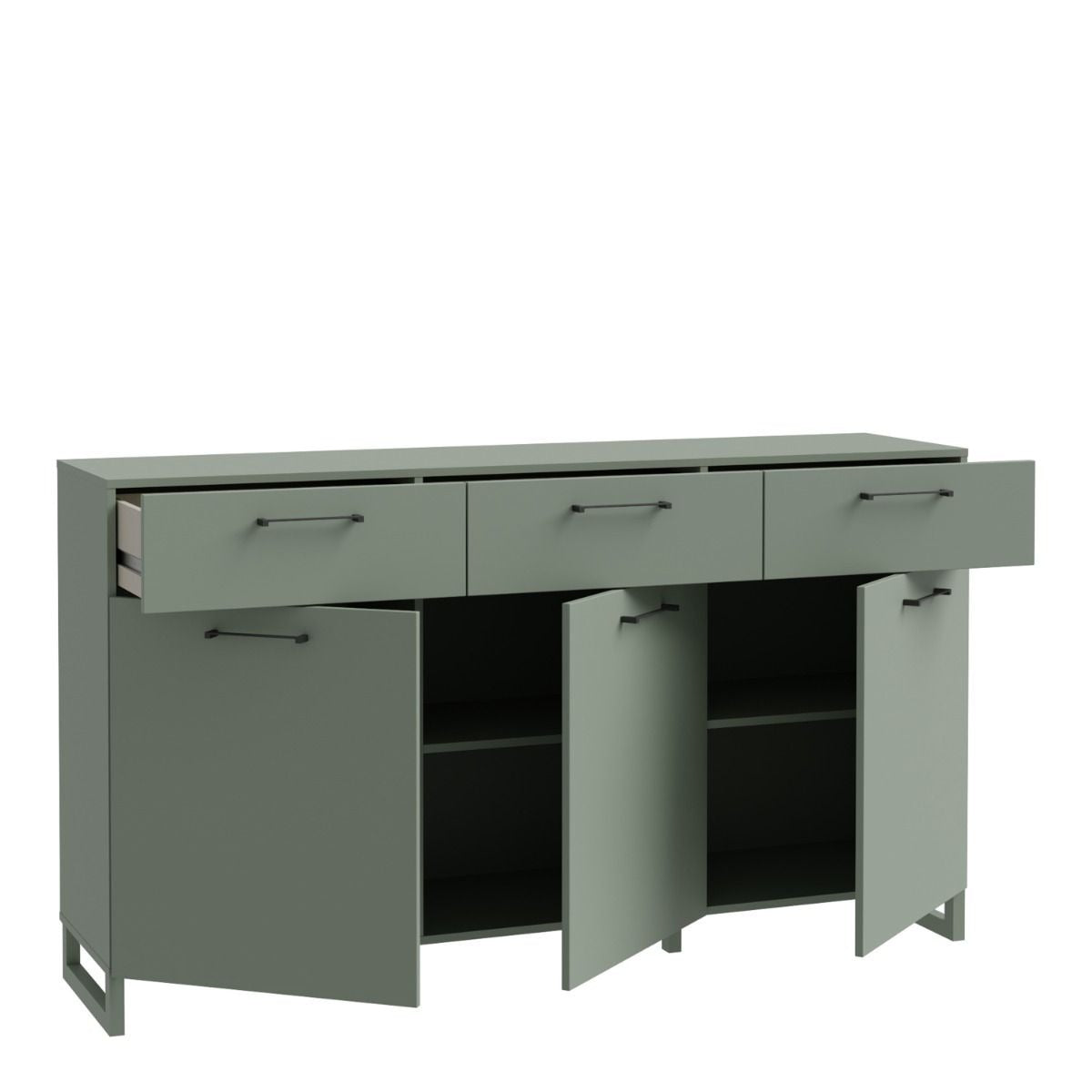 Sali sage green 3 door 3 drawer sideboard with black handles, modern soft-close storage unit for bedrooms or living rooms