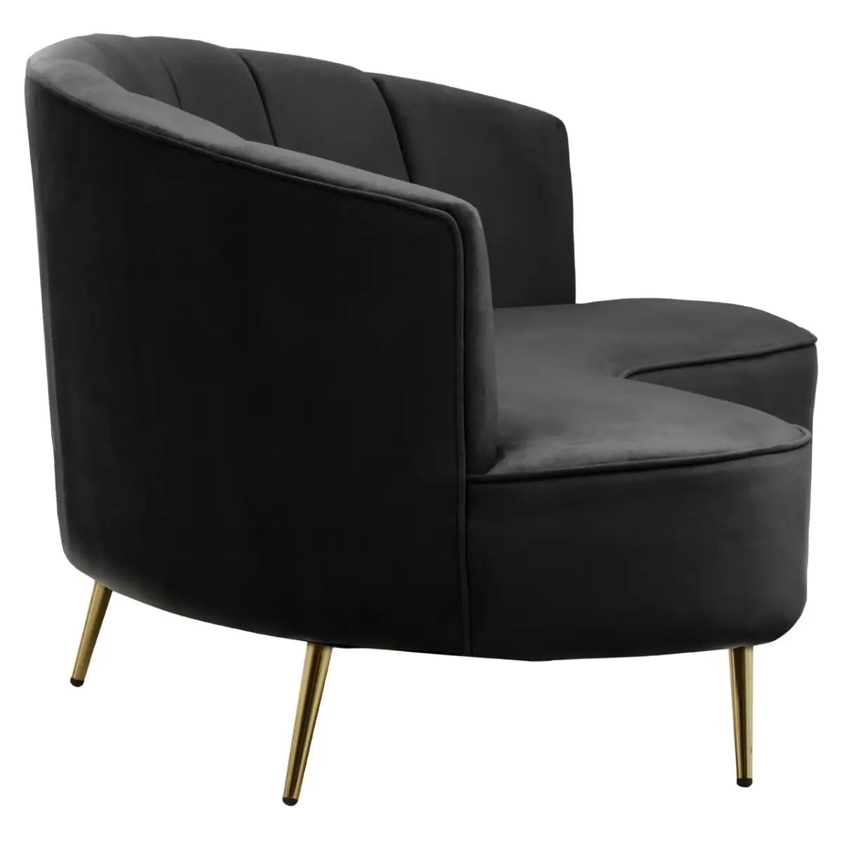 Black velvet curved sofa with pleated back and gold legs, 3 seater mid-century style