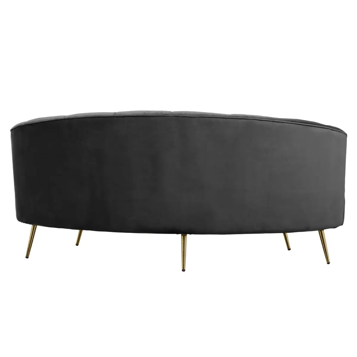 Black velvet curved sofa with pleated back and gold legs, 3 seater mid-century style